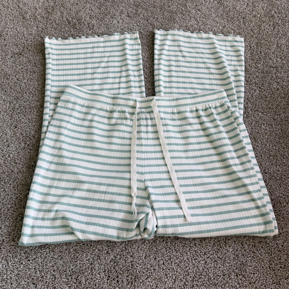 LOFT Pajama Pants Womens Large Green Stripe Ruffle Hem Drawstring Sleepwear